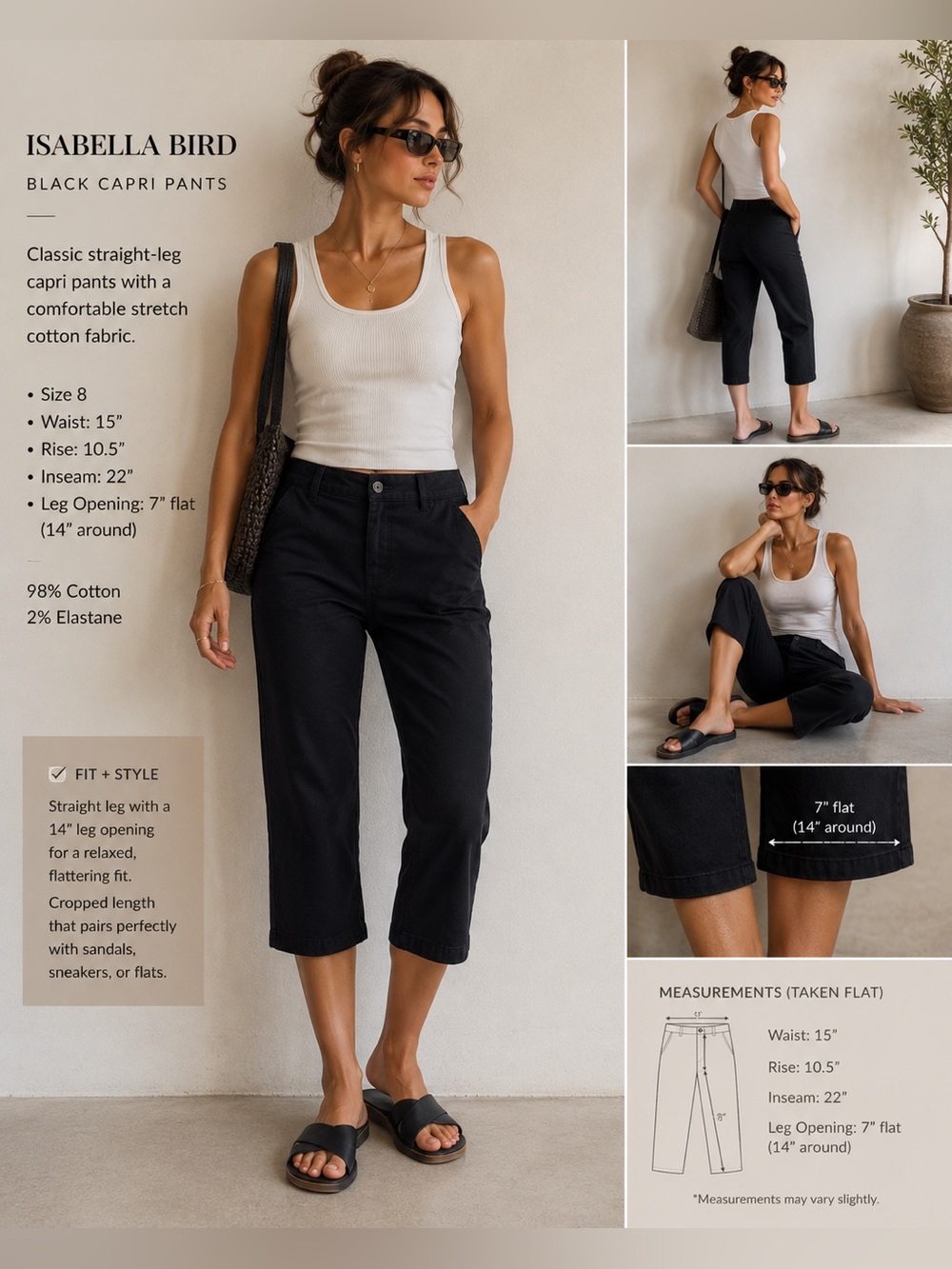 Isabella Bird Black Stretch Cotton Capri Pants Size 8